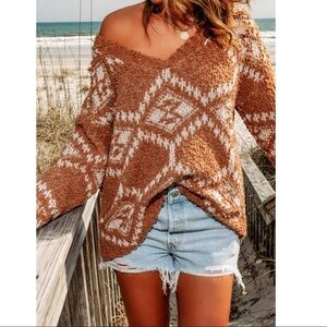 Brown Aztec Pattern Knit Sweater